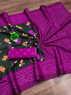 KALKI PURE MULMUL COTTON FLOWER WITH BANDHANI BLOCK PRINTD DARK GREEN SAREE