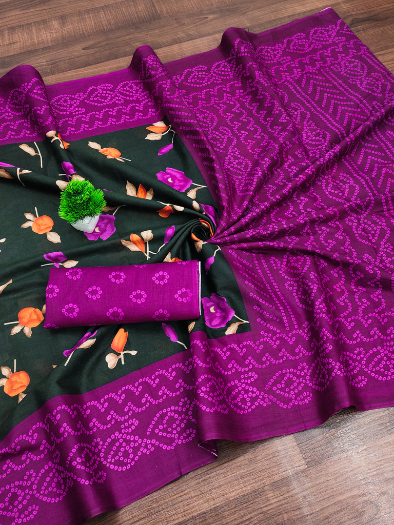 KALKI PURE MULMUL COTTON FLOWER WITH BANDHANI BLOCK PRINTD DARK GREEN SAREE