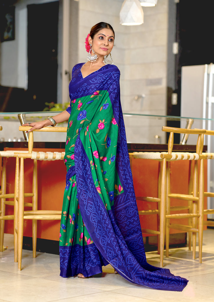 KALKI PURE MULMUL COTTON FLOWER WITH BANDHANI BLOCK PRINTD GREEN SAREE