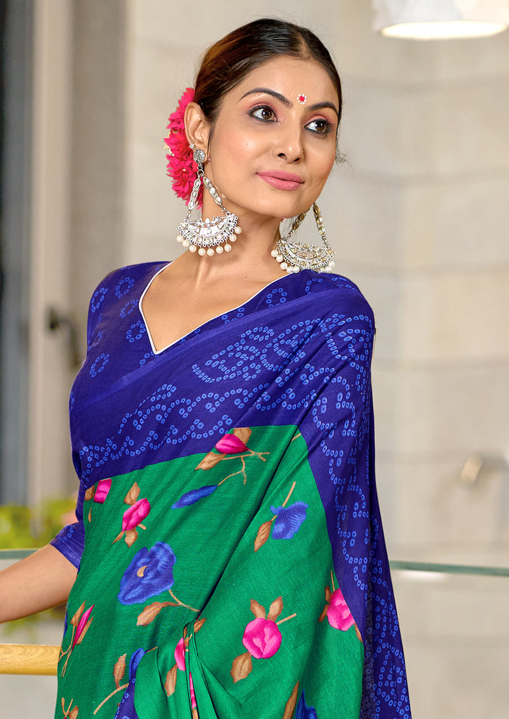 KALKI PURE MULMUL COTTON FLOWER WITH BANDHANI BLOCK PRINTD GREEN SAREE