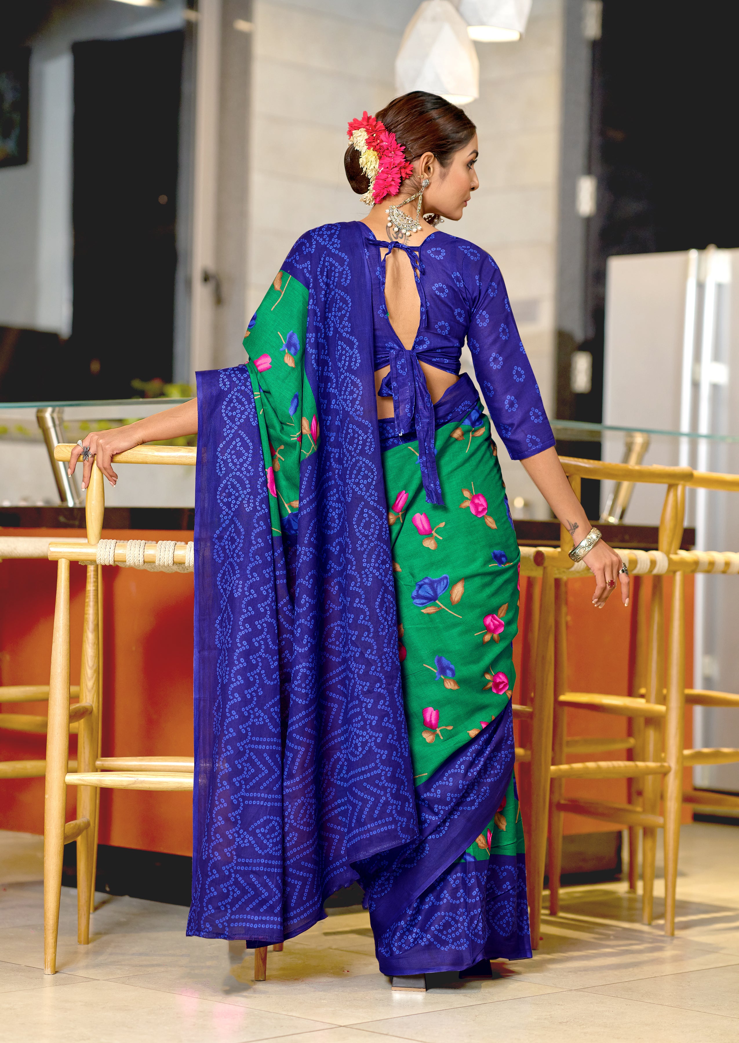 KALKI PURE MULMUL COTTON FLOWER WITH BANDHANI BLOCK PRINTD GREEN SAREE
