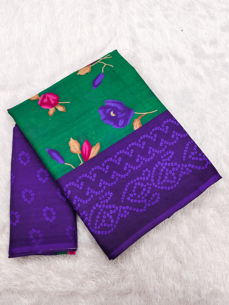 KALKI PURE MULMUL COTTON FLOWER WITH BANDHANI BLOCK PRINTD GREEN SAREE