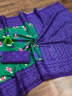 KALKI PURE MULMUL COTTON FLOWER WITH BANDHANI BLOCK PRINTD GREEN SAREE