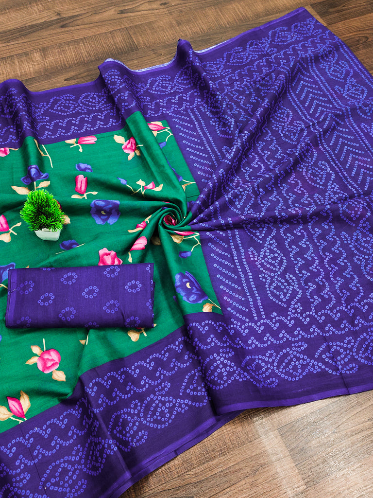 KALKI PURE MULMUL COTTON FLOWER WITH BANDHANI BLOCK PRINTD GREEN SAREE