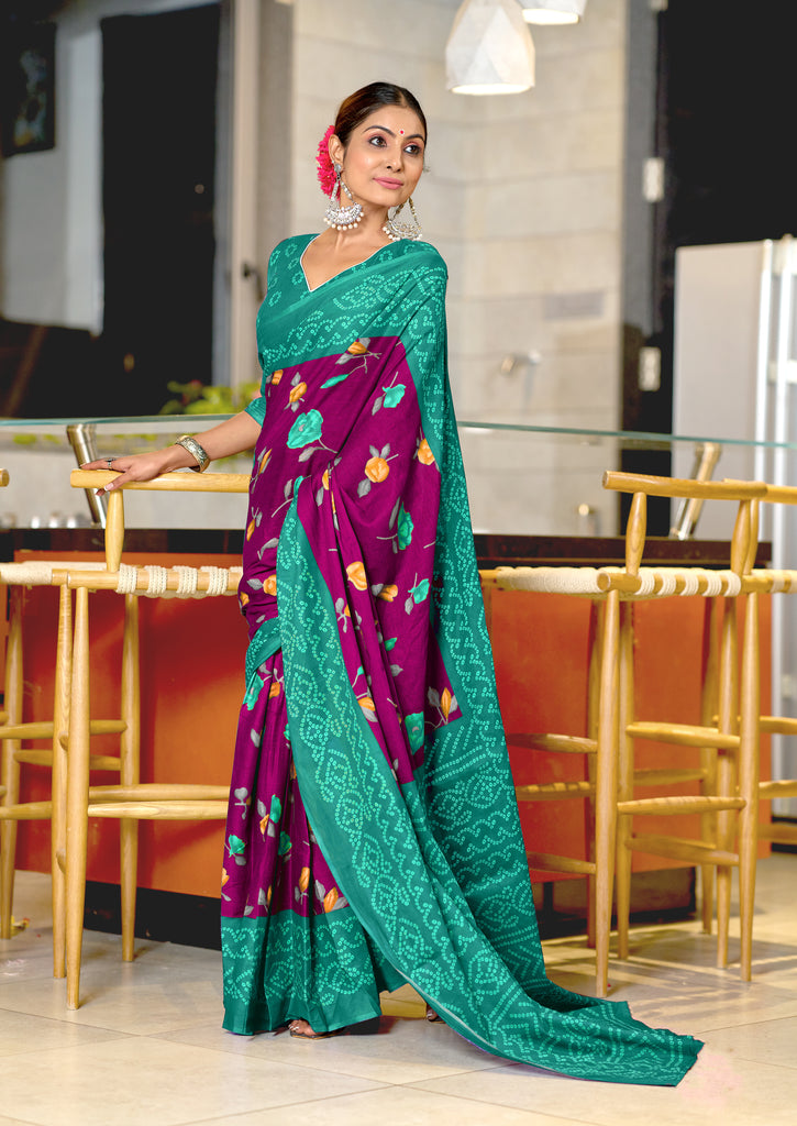KALKI PURE MULMUL COTTON FLOWER WITH BANDHANI BLOCK PRINTD MEGENTA SAREE