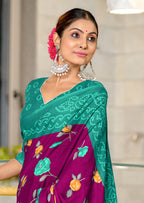 KALKI PURE MULMUL COTTON FLOWER WITH BANDHANI BLOCK PRINTD MEGENTA SAREE
