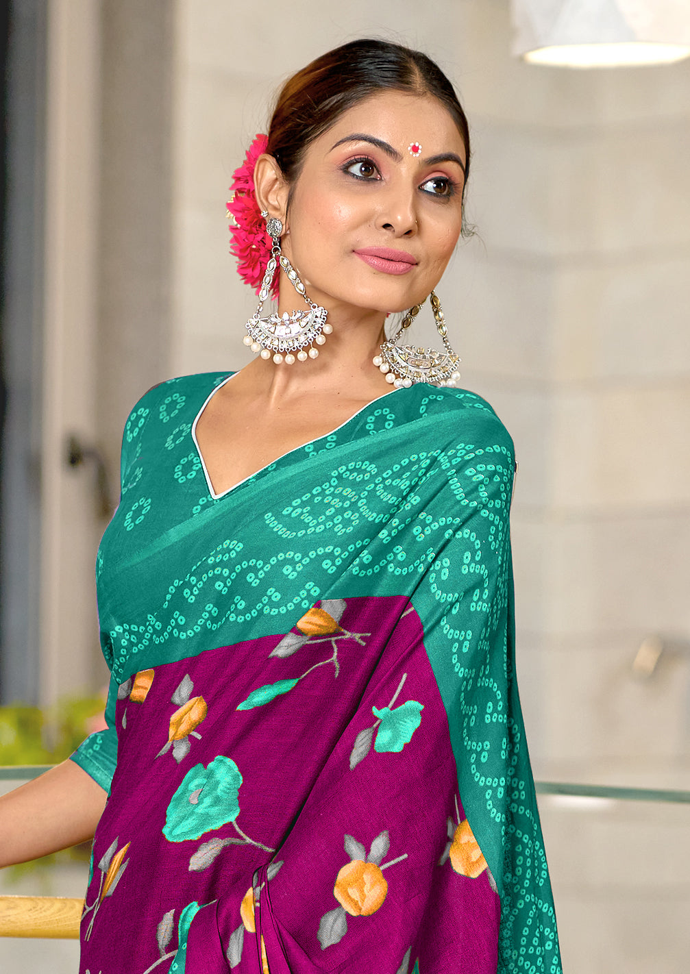 KALKI PURE MULMUL COTTON FLOWER WITH BANDHANI BLOCK PRINTD MEGENTA SAREE