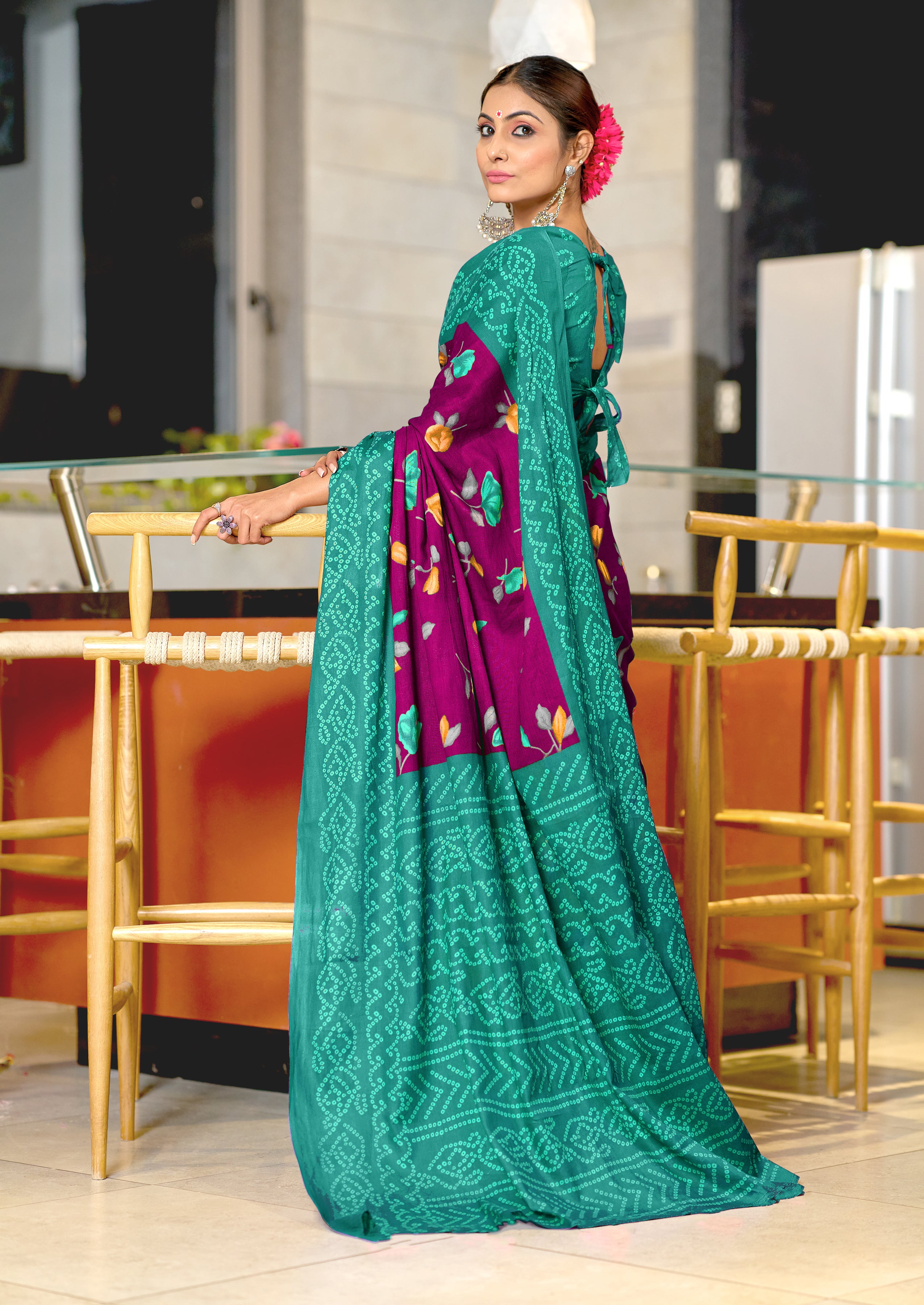 KALKI PURE MULMUL COTTON FLOWER WITH BANDHANI BLOCK PRINTD MEGENTA SAREE