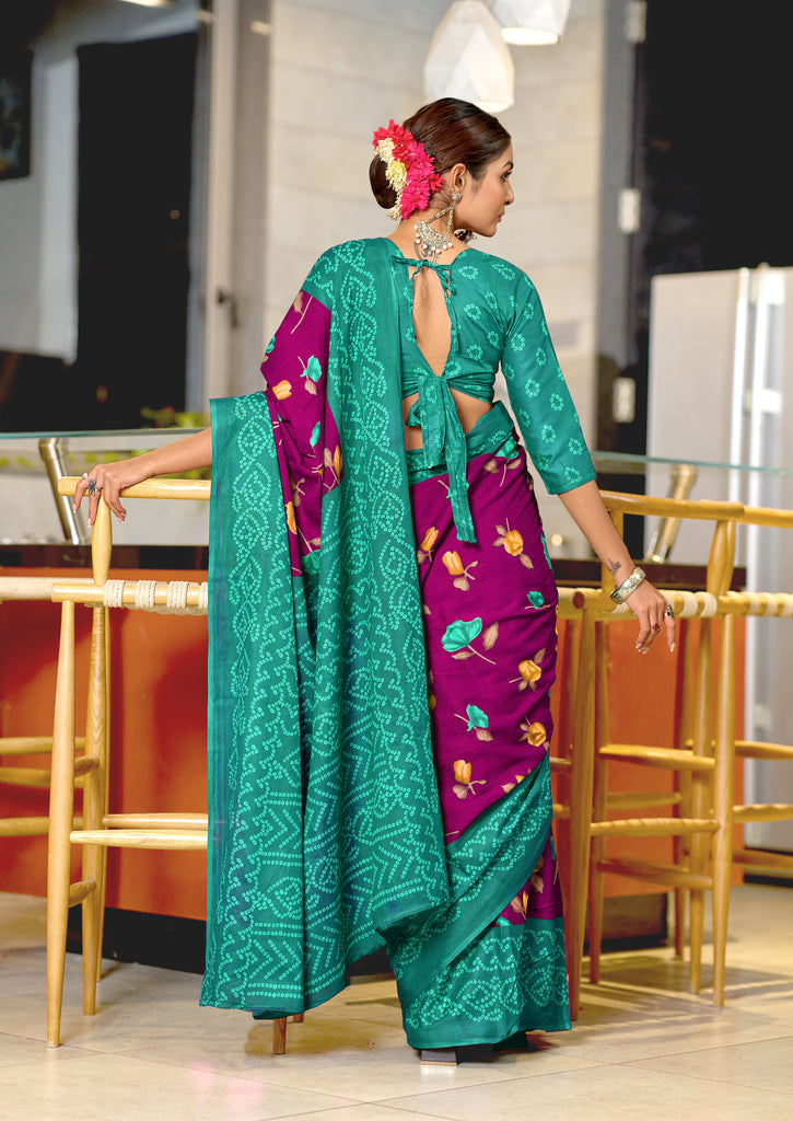 KALKI PURE MULMUL COTTON FLOWER WITH BANDHANI BLOCK PRINTD MEGENTA SAREE