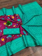 KALKI PURE MULMUL COTTON FLOWER WITH BANDHANI BLOCK PRINTD MEGENTA SAREE