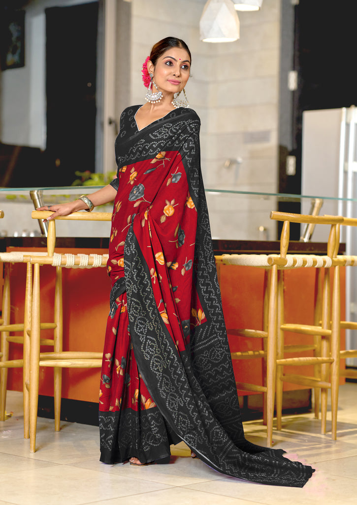 KALKI PURE MULMUL COTTON FLOWER WITH BANDHANI BLOCK PRINTD RED SAREE