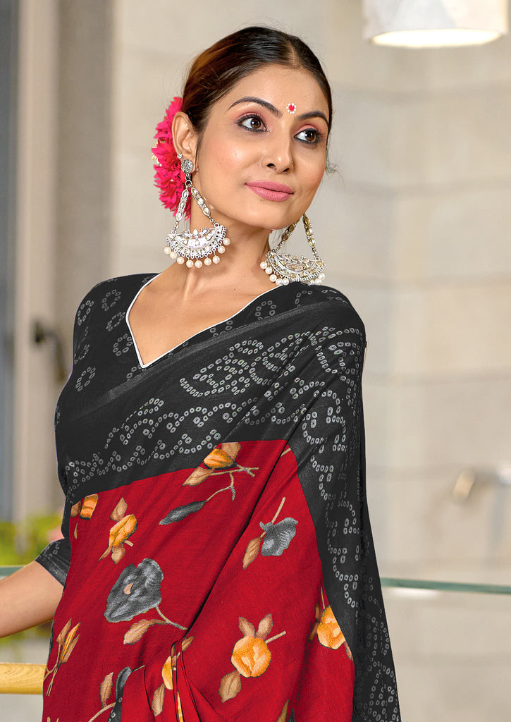 KALKI PURE MULMUL COTTON FLOWER WITH BANDHANI BLOCK PRINTD RED SAREE