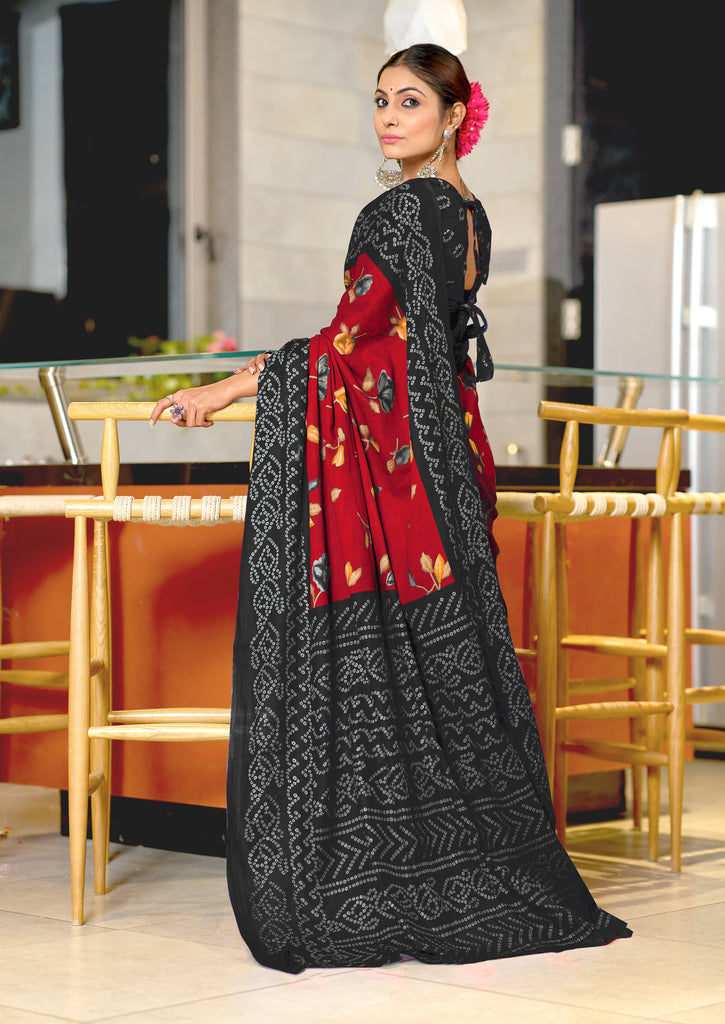 KALKI PURE MULMUL COTTON FLOWER WITH BANDHANI BLOCK PRINTD RED SAREE