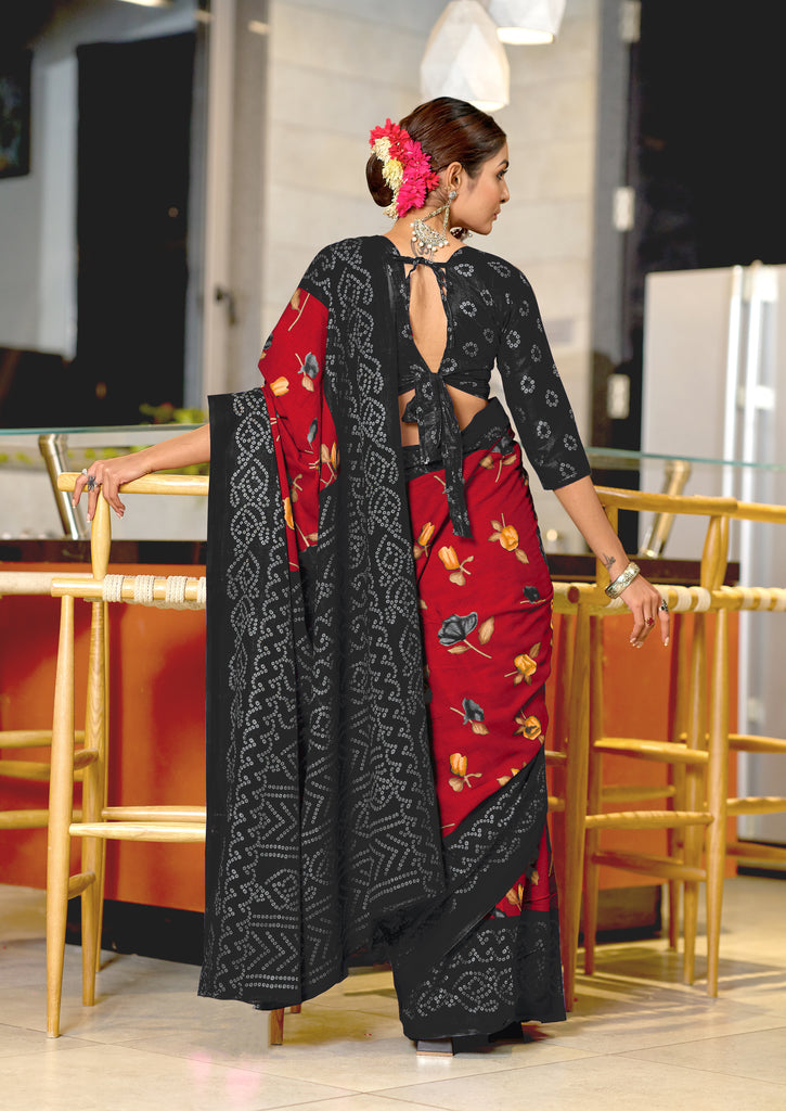 KALKI PURE MULMUL COTTON FLOWER WITH BANDHANI BLOCK PRINTD RED SAREE