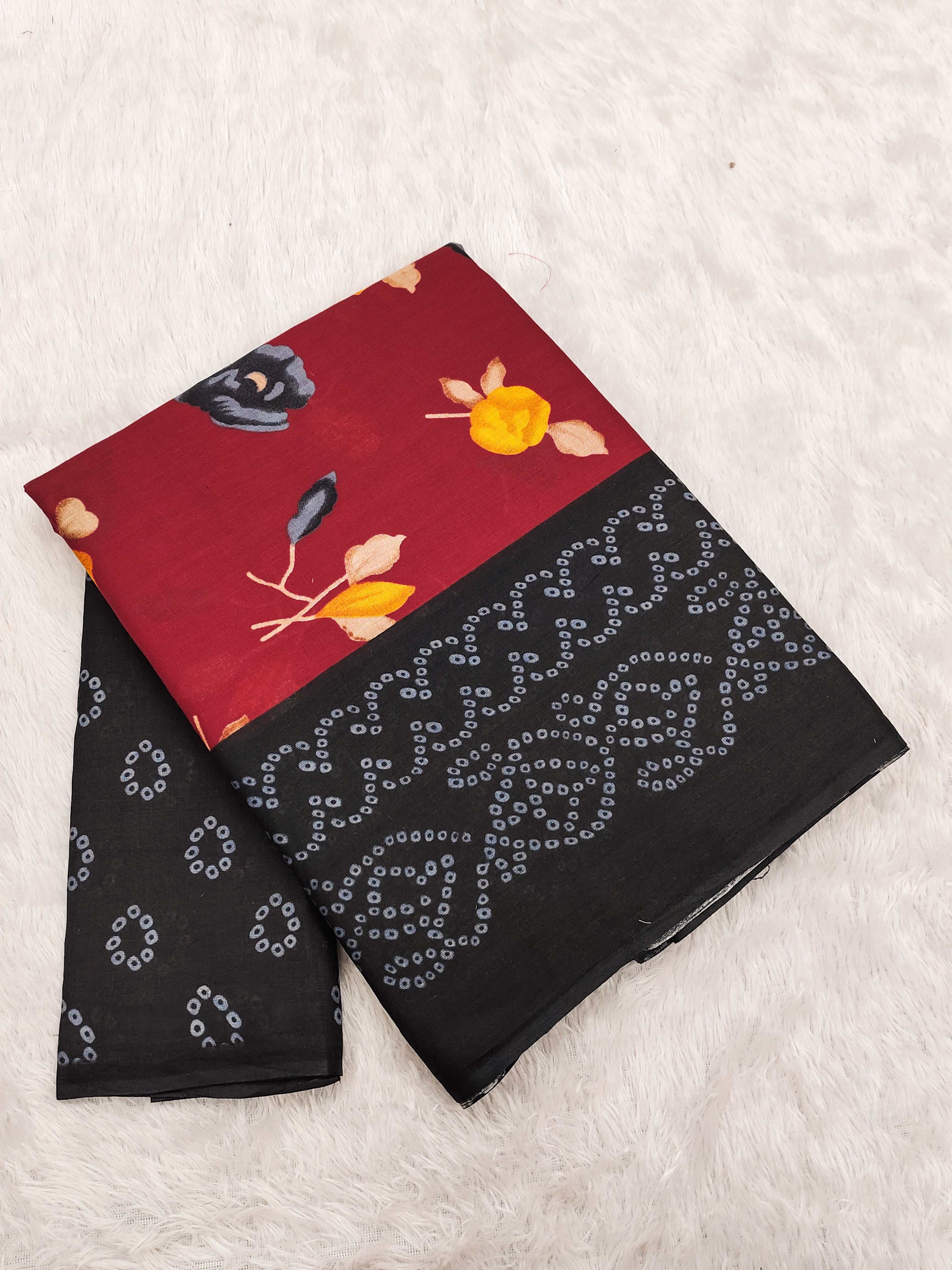 KALKI PURE MULMUL COTTON FLOWER WITH BANDHANI BLOCK PRINTD RED SAREE