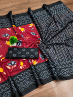 KALKI PURE MULMUL COTTON FLOWER WITH BANDHANI BLOCK PRINTD RED SAREE