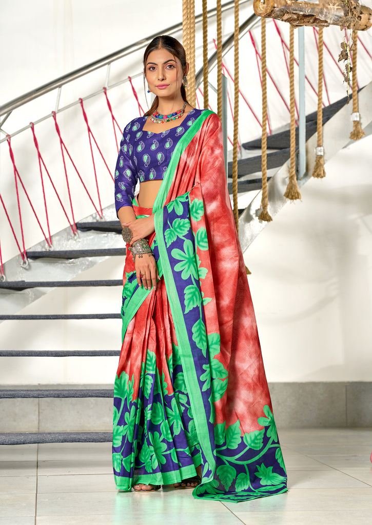 KASISH PURE MULMUL COTTON FANCY HAND BLOCK FLOWER TEST GAJRI WITH GREEN SAREE