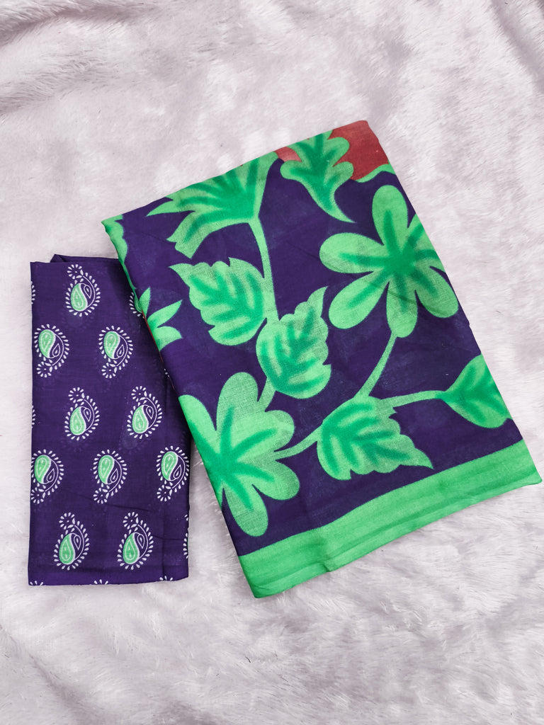 KASISH PURE MULMUL COTTON FANCY HAND BLOCK FLOWER TEST GAJRI WITH GREEN SAREE