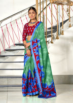 KASISH PURE MULMUL COTTON FANCY HAND BLOCK FLOWER TEST MINT GREEN WITH BLUE SAREE