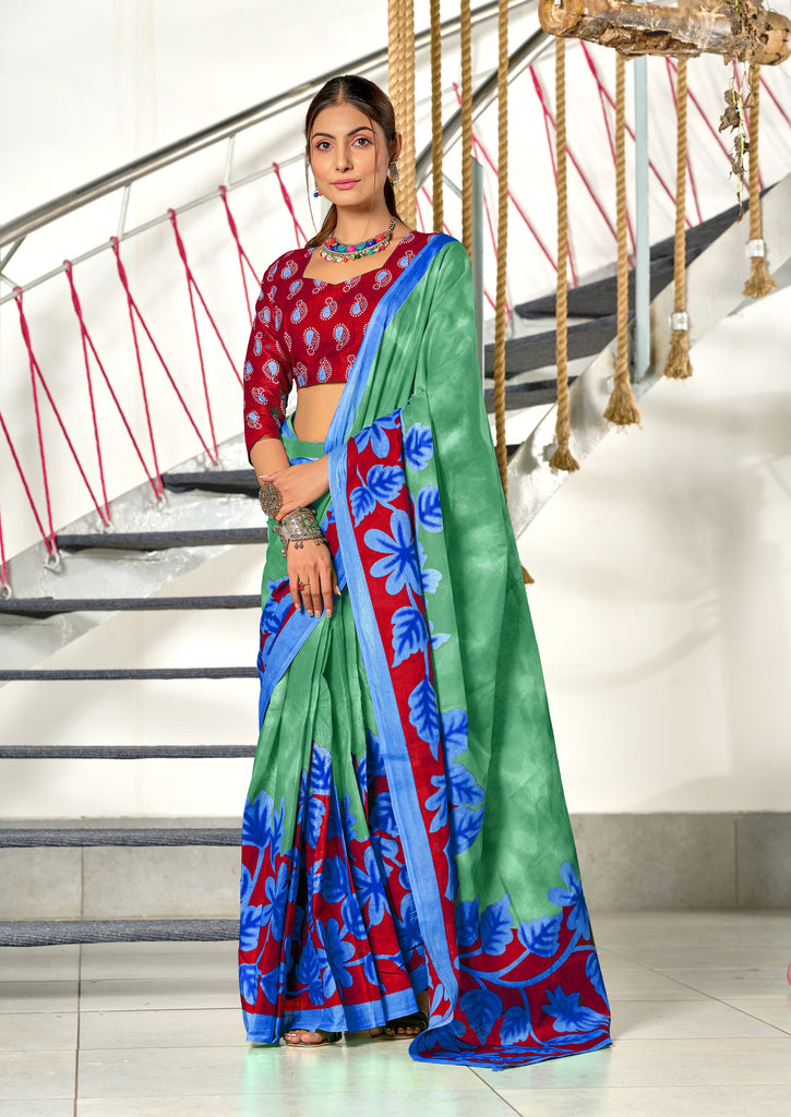 KASISH PURE MULMUL COTTON FANCY HAND BLOCK FLOWER TEST MINT GREEN WITH BLUE SAREE
