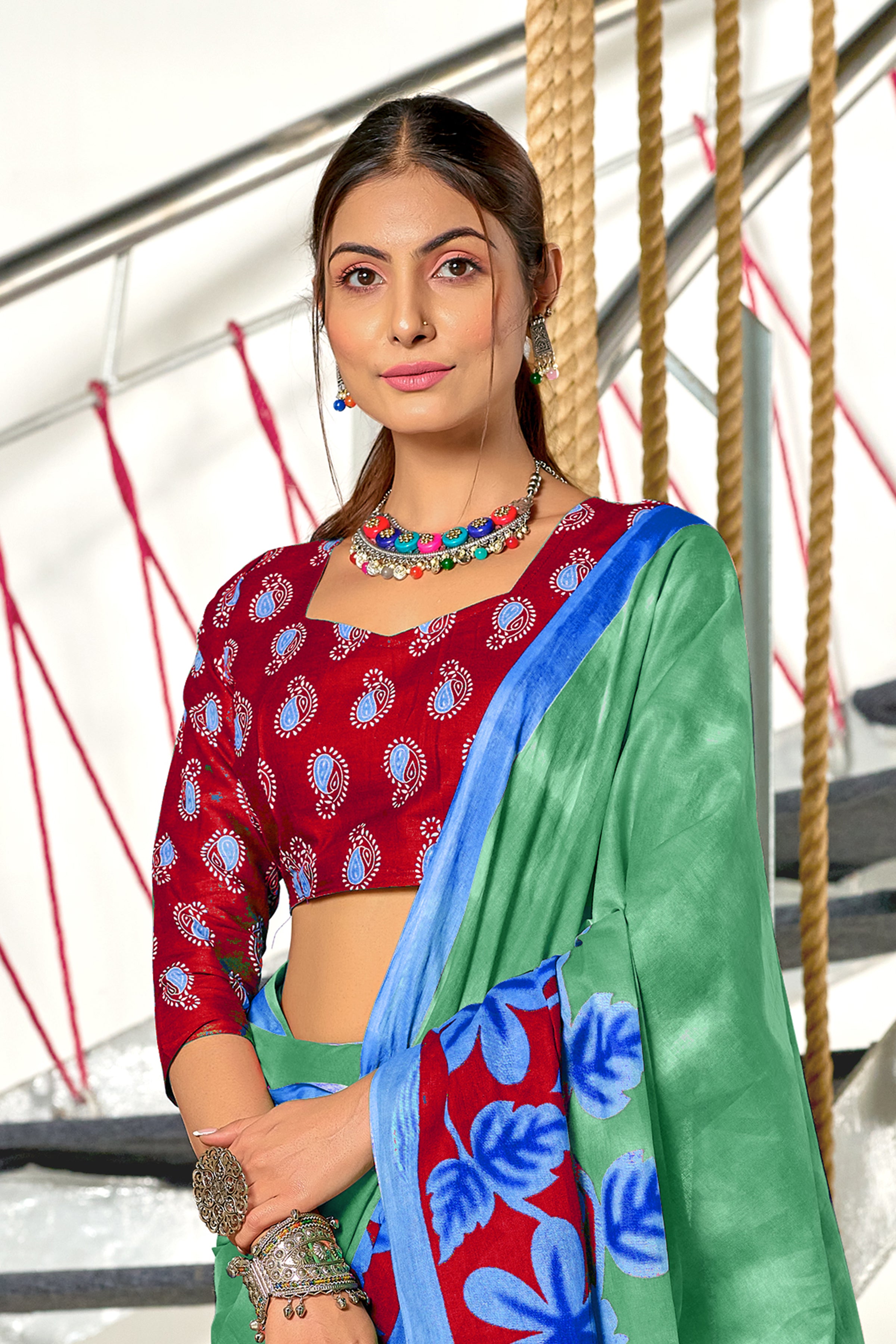 KASISH PURE MULMUL COTTON FANCY HAND BLOCK FLOWER TEST MINT GREEN WITH BLUE SAREE