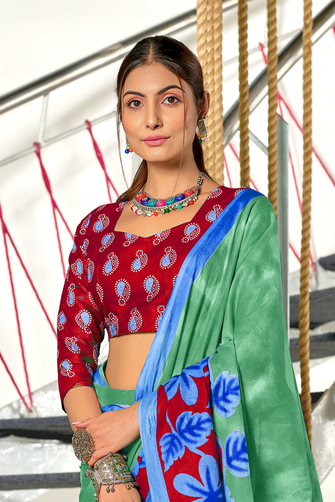 KASISH PURE MULMUL COTTON FANCY HAND BLOCK FLOWER TEST MINT GREEN WITH BLUE SAREE