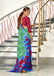 KASISH PURE MULMUL COTTON FANCY HAND BLOCK FLOWER TEST MINT GREEN WITH BLUE SAREE