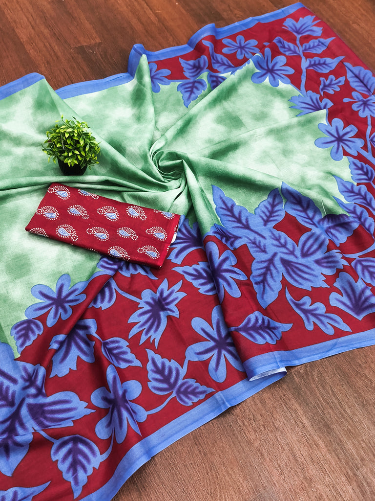 KASISH PURE MULMUL COTTON FANCY HAND BLOCK FLOWER TEST MINT GREEN WITH BLUE SAREE