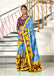 KASISH PURE MULMUL COTTON FANCY HAND BLOCK FLOWER TEST SKY BLUE WITH YELLOW SAREE
