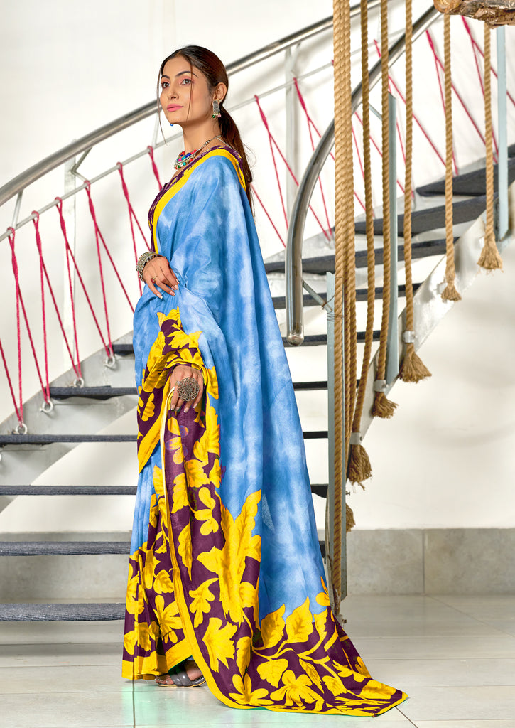 KASISH PURE MULMUL COTTON FANCY HAND BLOCK FLOWER TEST SKY BLUE WITH YELLOW SAREE