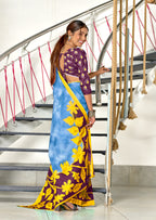 KASISH PURE MULMUL COTTON FANCY HAND BLOCK FLOWER TEST SKY BLUE WITH YELLOW SAREE