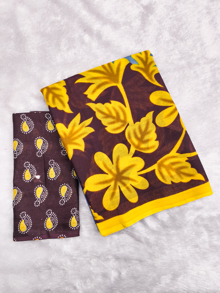 KASISH PURE MULMUL COTTON FANCY HAND BLOCK FLOWER TEST SKY BLUE WITH YELLOW SAREE
