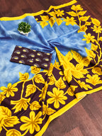 KASISH PURE MULMUL COTTON FANCY HAND BLOCK FLOWER TEST SKY BLUE WITH YELLOW SAREE