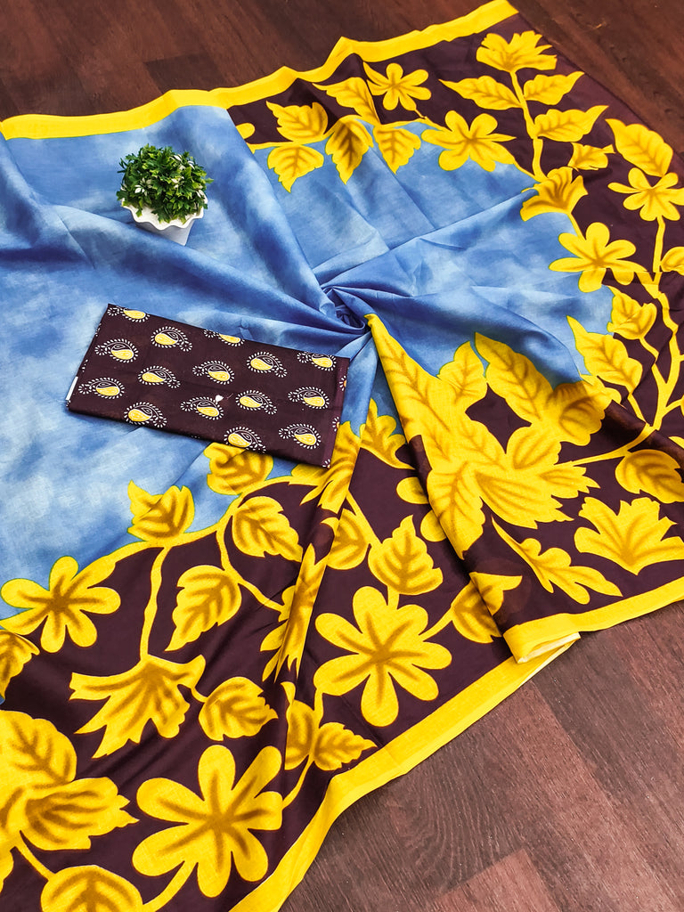 KASISH PURE MULMUL COTTON FANCY HAND BLOCK FLOWER TEST SKY BLUE WITH YELLOW SAREE