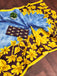 KASISH PURE MULMUL COTTON FANCY HAND BLOCK FLOWER TEST SKY BLUE WITH YELLOW SAREE
