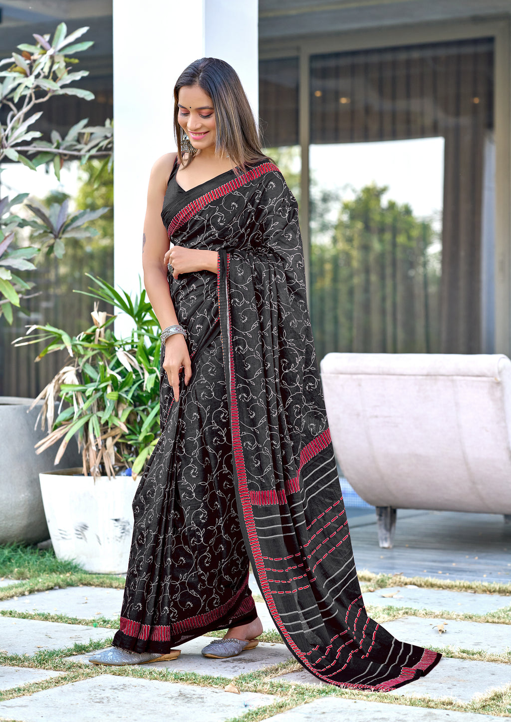 AJRAKH FANCY HAND BLOCK MULMUL COTTON BLACK SAREE
