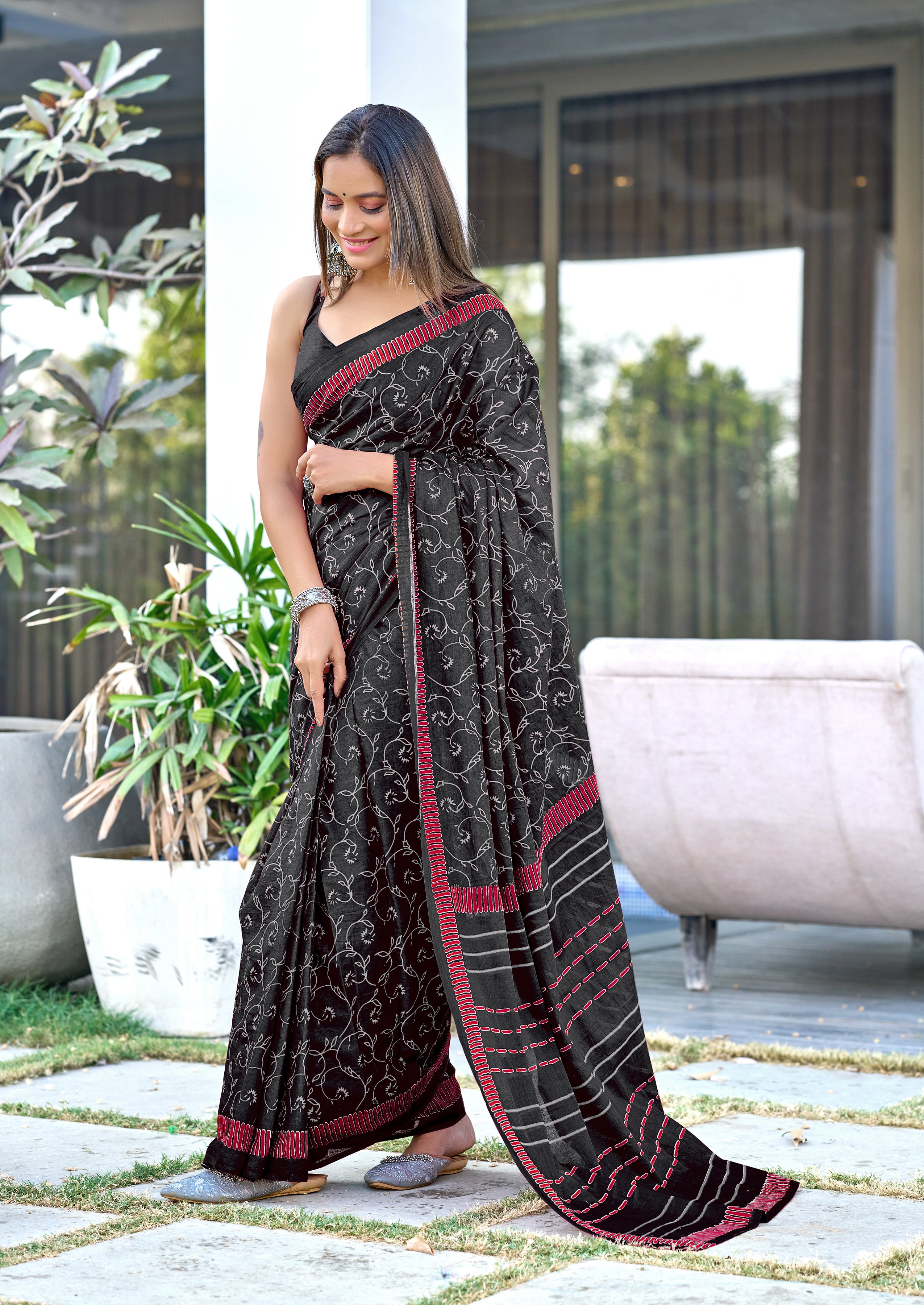 AJRAKH FANCY HAND BLOCK MULMUL COTTON BLACK SAREE