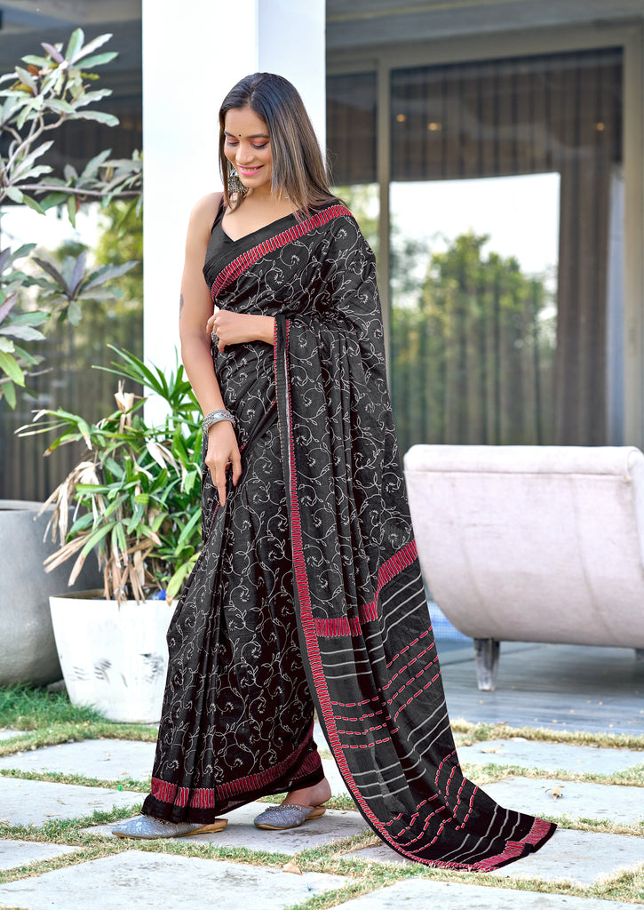 AJRAKH FANCY HAND BLOCK MULMUL COTTON BLACK SAREE