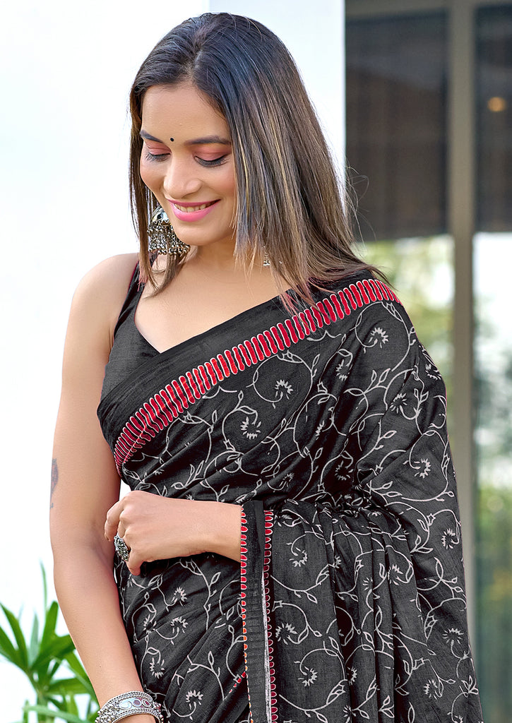 AJRAKH FANCY HAND BLOCK MULMUL COTTON BLACK SAREE