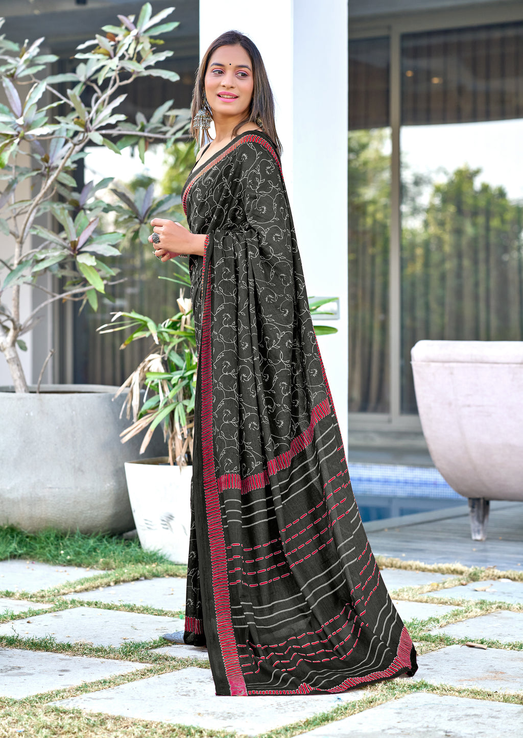 AJRAKH FANCY HAND BLOCK MULMUL COTTON BLACK SAREE
