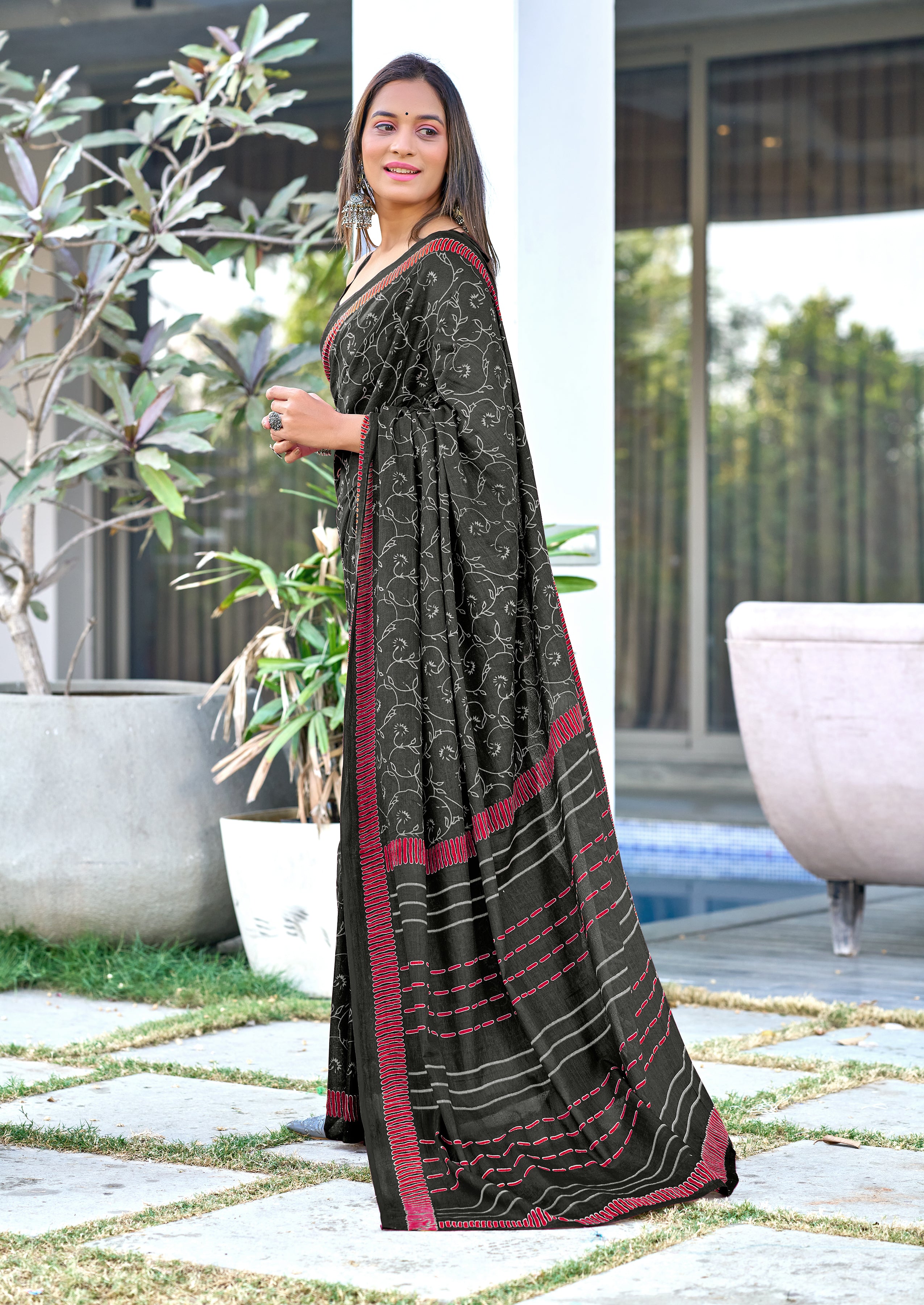 AJRAKH FANCY HAND BLOCK MULMUL COTTON BLACK SAREE