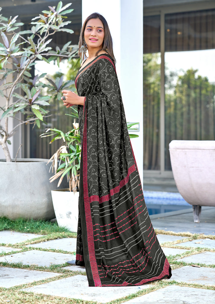AJRAKH FANCY HAND BLOCK MULMUL COTTON BLACK SAREE