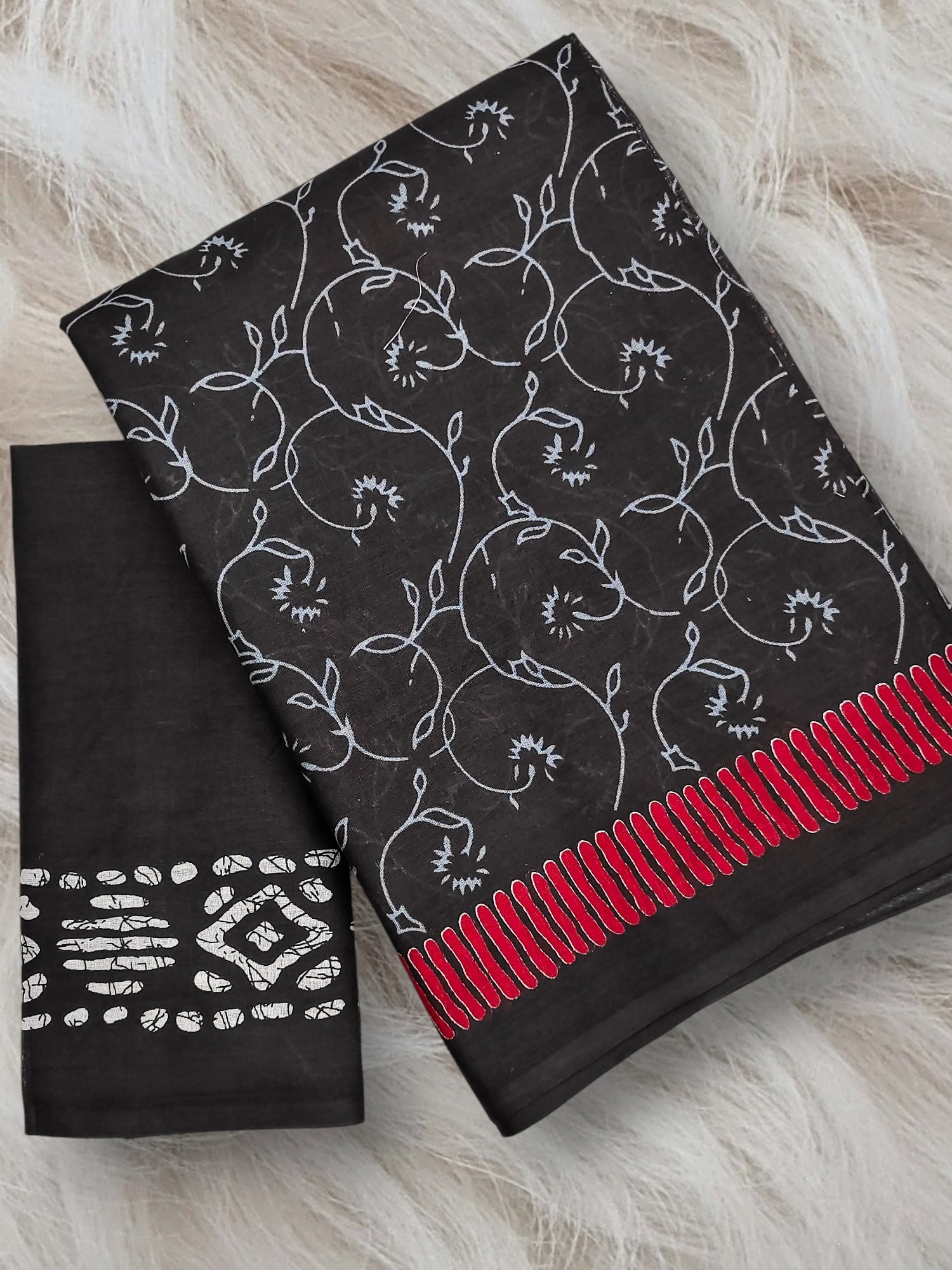 AJRAKH FANCY HAND BLOCK MULMUL COTTON BLACK SAREE