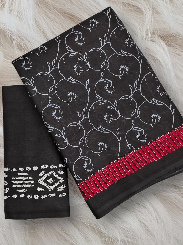 AJRAKH FANCY HAND BLOCK MULMUL COTTON BLACK SAREE