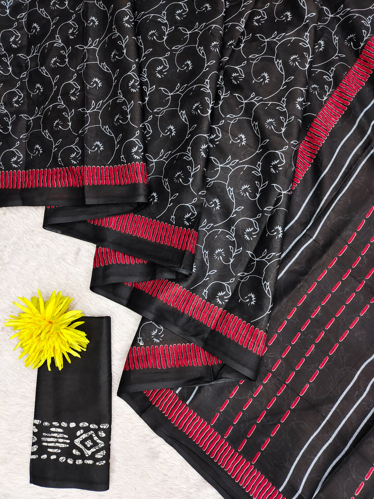 AJRAKH FANCY HAND BLOCK MULMUL COTTON BLACK SAREE