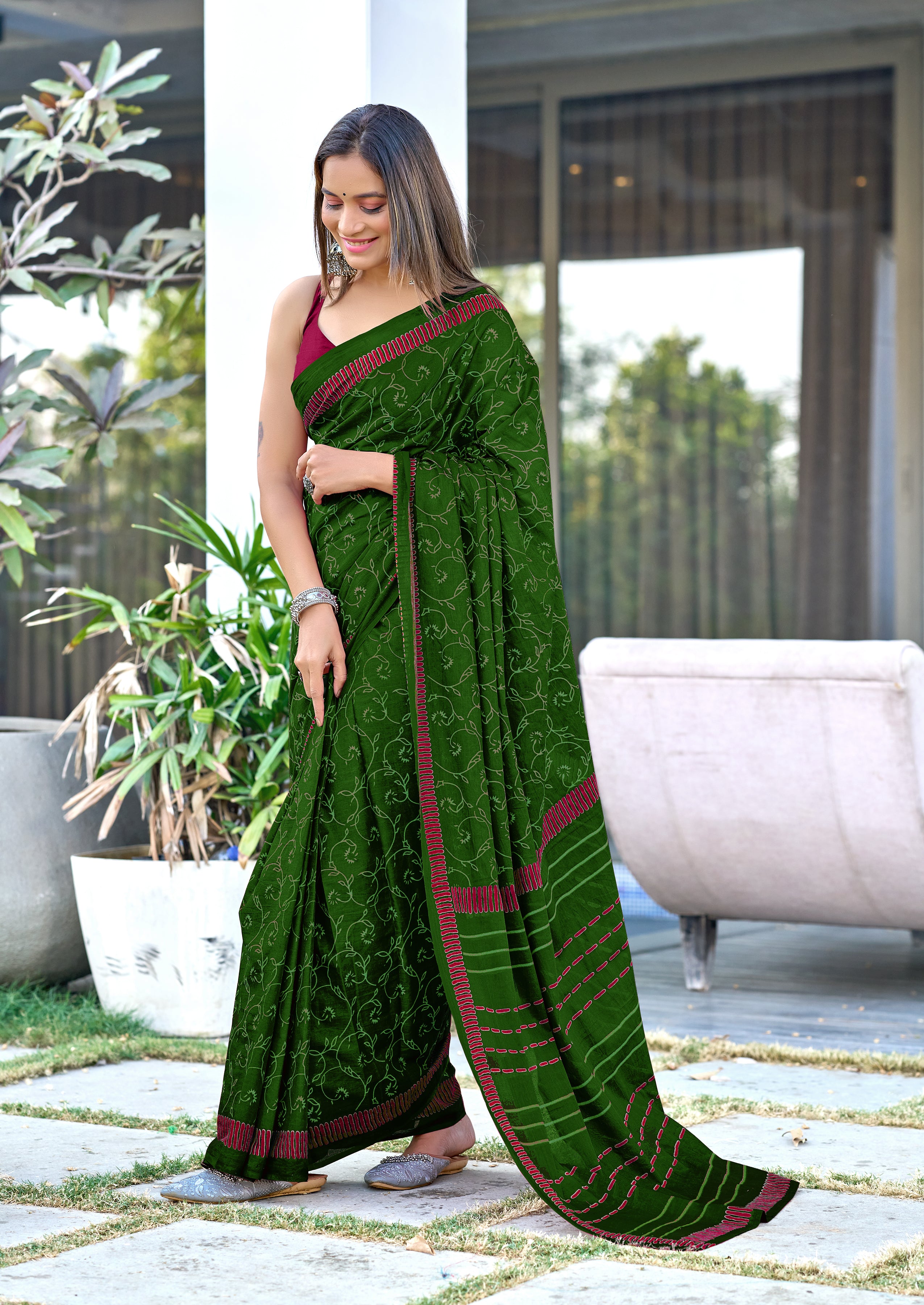 AJRAKH FANCY HAND BLOCK MULMUL COTTON GREEN SAREE