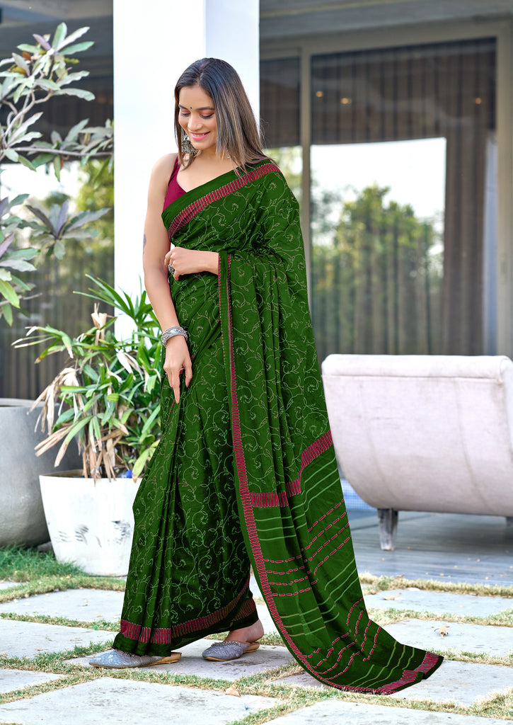 AJRAKH FANCY HAND BLOCK MULMUL COTTON GREEN SAREE
