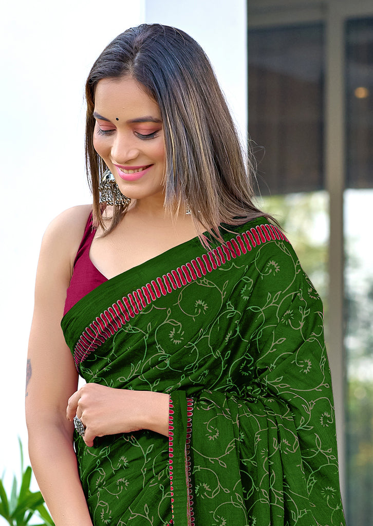 AJRAKH FANCY HAND BLOCK MULMUL COTTON GREEN SAREE