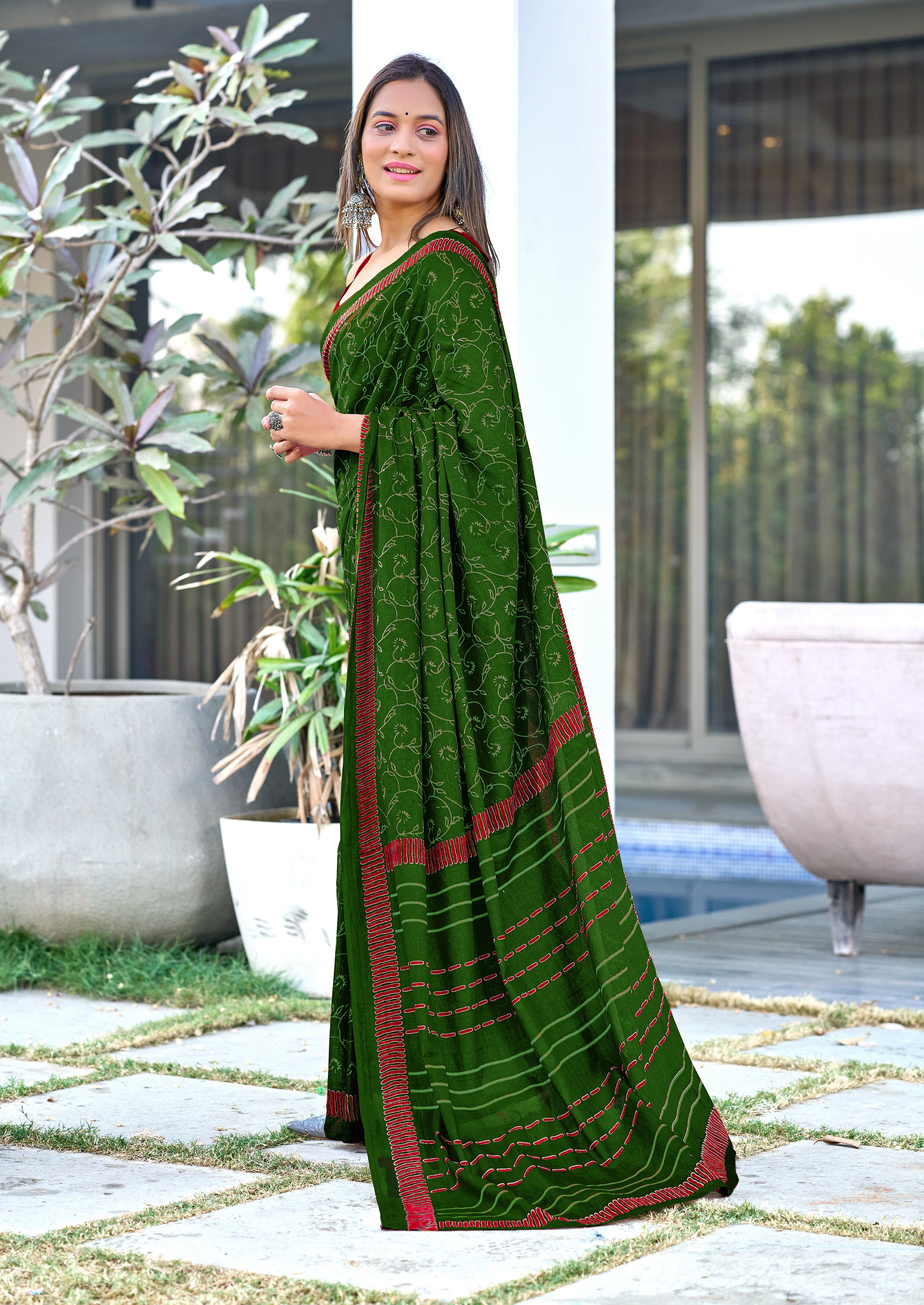 AJRAKH FANCY HAND BLOCK MULMUL COTTON GREEN SAREE