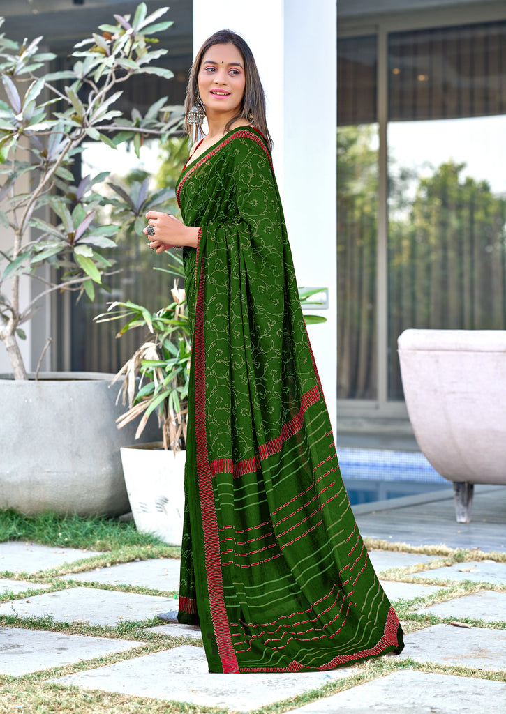 AJRAKH FANCY HAND BLOCK MULMUL COTTON GREEN SAREE